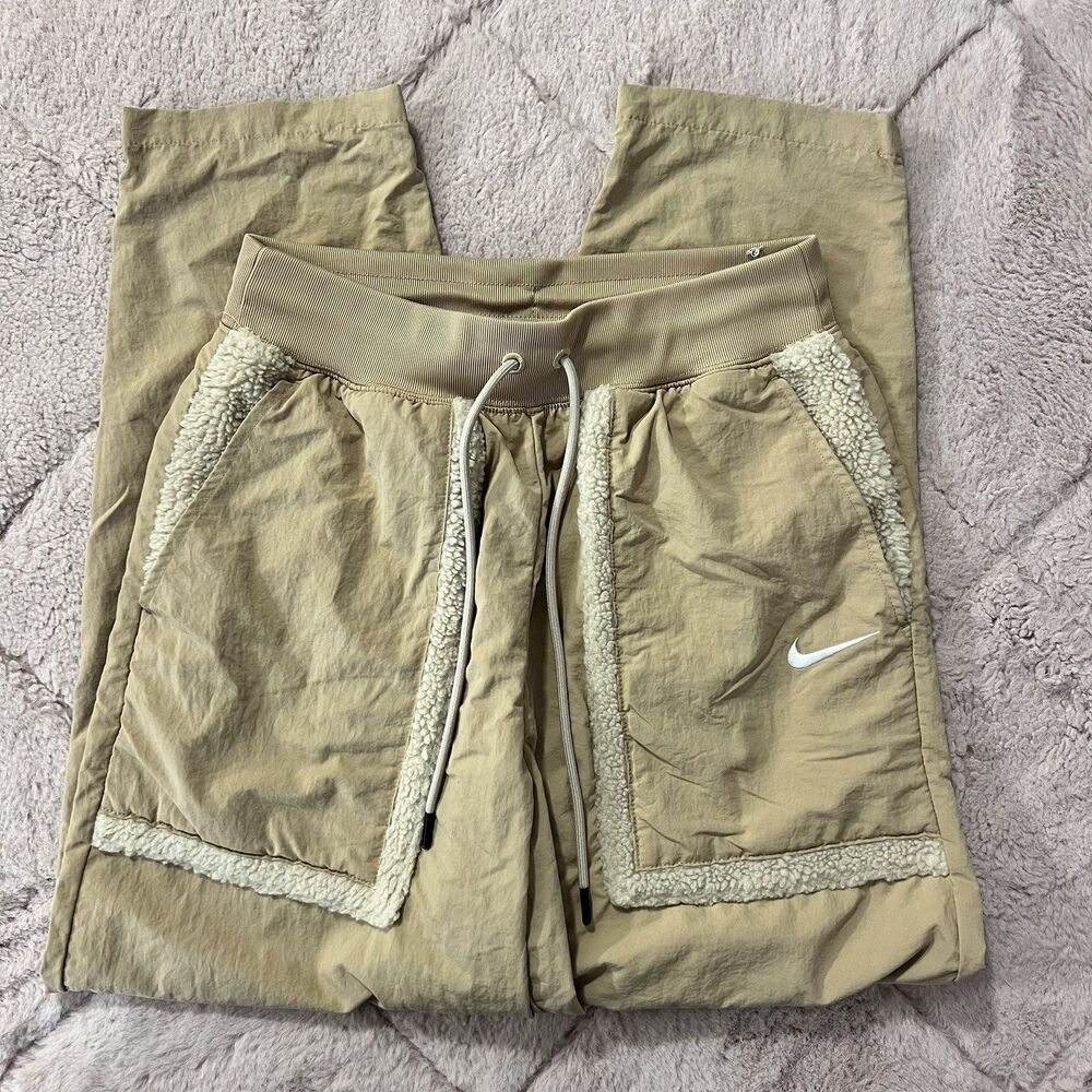 Nike Womens Tan Sherpa Trimmed High Rise Jogger Pants Small Nylon Sporty Street